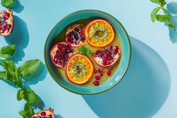 Vibrant fruit and smoothie bowl with passion fruit and pomegranate.