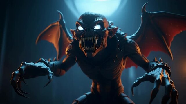 Terrifying halloween monster emerging from darkness with glowing eyes and sharp fangs, spooky creature concept for horror designs and scary videos.