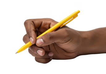 Isolated Hand Holding Yellow Pen Writing on Transparent Background
