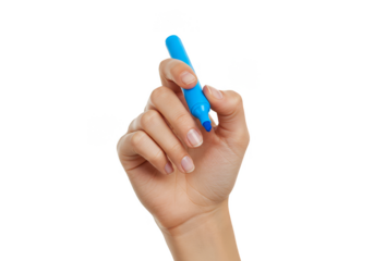 Isolated Hand Writing Holding Blue Marker Pen on Transparent Background