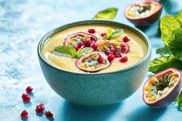 Delicious passion fruit and pomegranate smoothie bowl.