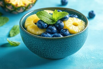 A bowl of fresh pineapple and blueberries.