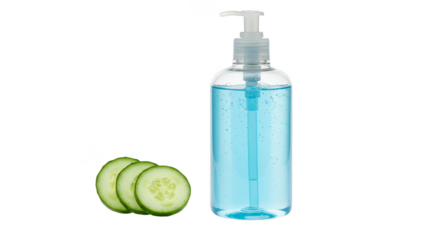 Isolated Hand Sanitizer Bottle With Cucumber Slices on Transparent Background