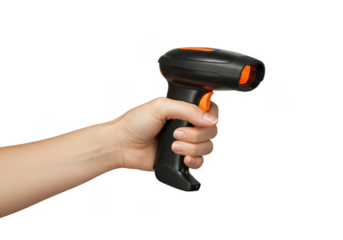 Isolated Hand Using Black and Orange Barcode Scanner on Transparent Background