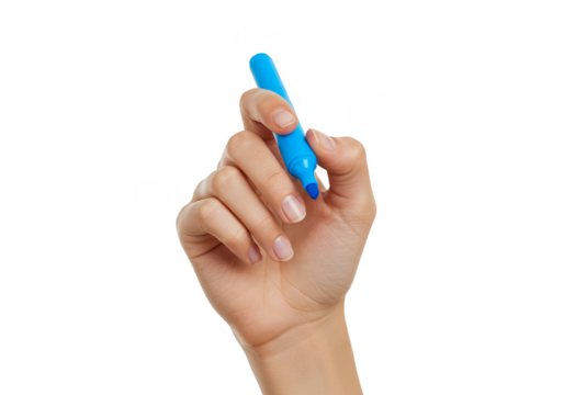 Isolated Hand Writing Holding Blue Marker Pen on Transparent Background