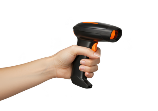 Isolated Hand Using Black and Orange Barcode Scanner on Transparent Background