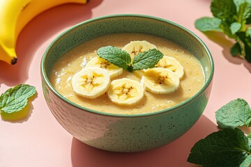 Creamy banana smoothie in a green bowl.