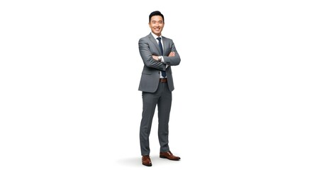 Asian businessman stands confidently with arms crossed against pure backdrop, embodying ambition and professionalism in a captivating portrait.