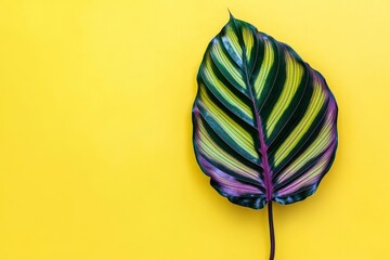 Vibrant leaf on a bright yellow background.