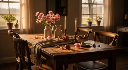 Rustic wooden dining table featuring fresh wildflowers and a bowl of eggs in golden window light.
