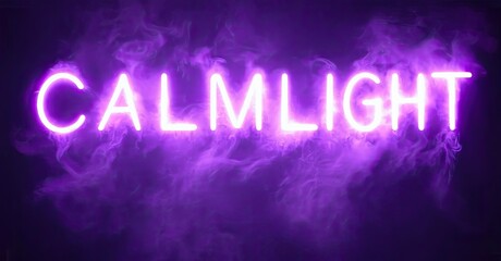 Bright purple neon sign displays CALMLIGHT against dark background. Wispy smoke adds dramatic effect. Simple, modern aesthetic.