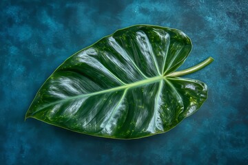 Close-up of a vibrant tropical leaf on a textured background.
