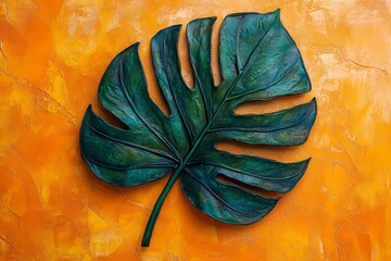 Deep teal monstera leaf on an orange textured background.