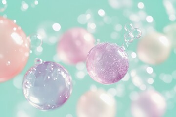 Delicate, multicolored bubbles float in a soft mint-green background.