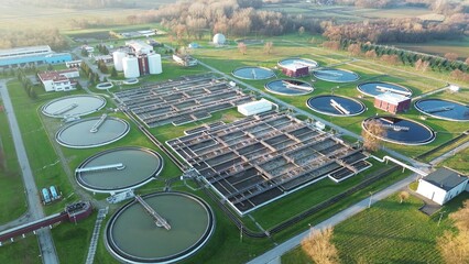 Aerial shot of modern sewage treatment infrastructure