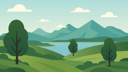 Scenic Mountain Landscape Illustration with Trees, Hills, and Lake - Panoramic Nature Art
