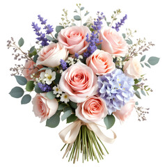 A bouquet of pink roses and purple flowers tied with a ribbon on black background