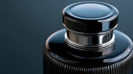 Close-up of a sleek black perfume bottle with glossy finish and silver accents, showcasing elegant design and luxury aesthetics, perfect for fragrance advertising
