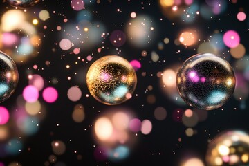Multicolored spheres with glittering particles in a dark background.