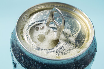 Open aluminum can with foam close up. Cold refreshing drink