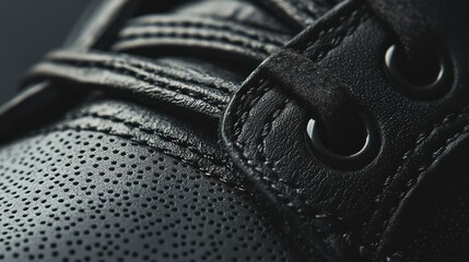 Close-Up of Elegant Black Leather Shoe Detailing with Fine Punctures and Glossy Finish, Capturing the Intricate Design Elements in Fashion Footwear
