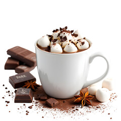 A white mug filled with hot chocolate and marshmallows with chocolate pieces around it
