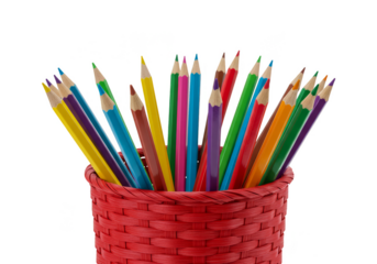 Isolated Pencils In Red Basket Multicolored Stationery On Transparent BG