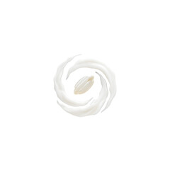 single rice grain nestled inside a swirl of coconut cream — clean symbolic