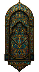 Illustration Ornate Stained Glass Decorative Window with Teal and Gold