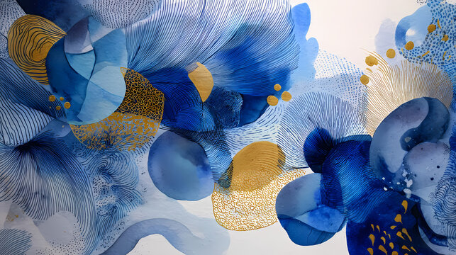 magazine spread on creative wellness | internal dialogue | vital calm | ultramarine and gold | radiating balance | bio-inspired mesh | spiraling shapes | contour painting | studio practice in New