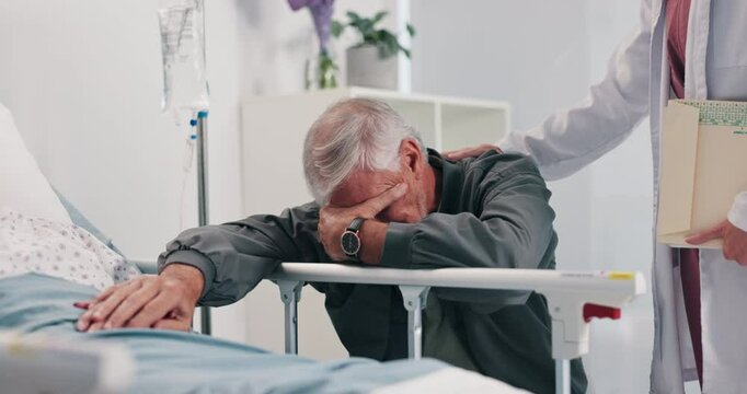 Senior man, crying or doctor at hospital bed with empathy for cancer, chronic illness or bad news. Sad, person or sympathy with medical worker for grief, condolence or terminal condition in clinic