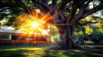 Majestic tree with wide branches reaching out under sunlight in vibrant natural setting
