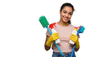 Isolated Image of Smiling Woman Holding Cleaning Equipment Transparent