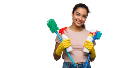 Isolated Image of Smiling Woman Holding Cleaning Equipment Transparent