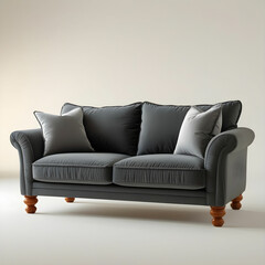 Fototapeta premium A cozy grey 2-seater sofa featuring soft cushions and sturdy wooden legs.