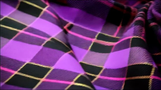 Close up of vibrant violet and black plaid fabric, rolled into a rose pattern, with textured and soft textile material