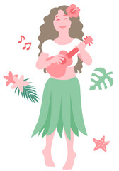 Retro Hawaiian Woman Playing Ukulele – Vector Illustration
