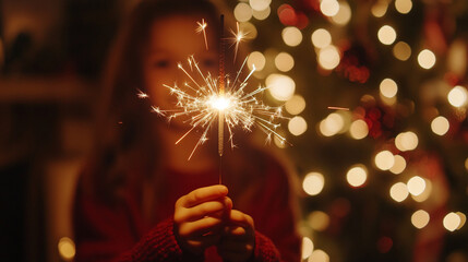 A child s sparkling Christmas spirit with a bright sparkler creating magical moments softly blurred festive tree lights