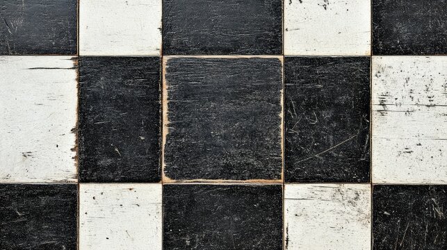 Vintage Checkerboard Flooring with Worn Black and White Tiles, Ideal for Retro Themes, Artistic Settings, and Nostalgic Interior Designs