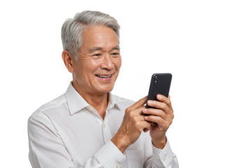 Isolated Photo of Senior Man Enjoying Smartphone Technology on Transparent