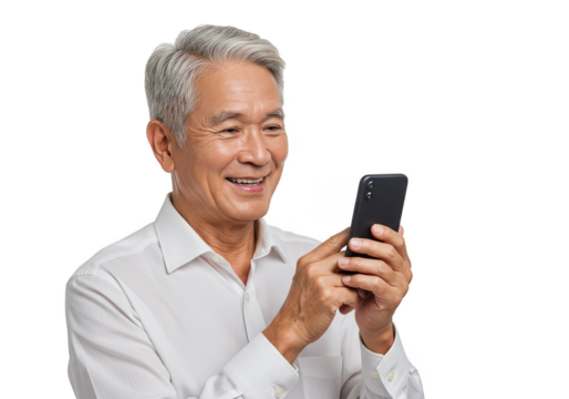 Isolated Photo of Senior Man Enjoying Smartphone Technology on Transparent
