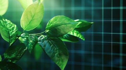 Lush Green Leaves Against a Subtle Grid Background, Symbolizing Growth, Renewal, and the Connection Between Nature and Technology in a Modern Environment