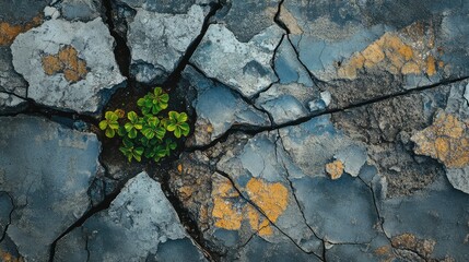 Resilient Green Plant Growing Through Cracked Gray Surface Depicting Nature's Tenacity and the Struggle for Life in Harsh Environments