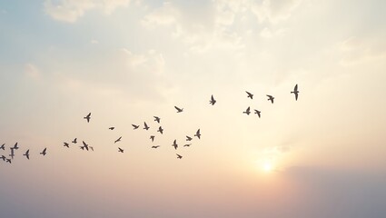 Silhouetted Flock of Birds in Flight at Sunset A Stunning Nature Photography