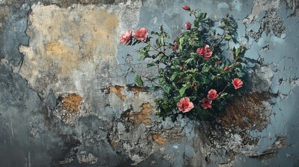 Captivating Pink Roses Blooming from a Weathered Wall in Artistic Urban Decay, Showcasing Nature's Resilience Against Deteriorating Background Textures