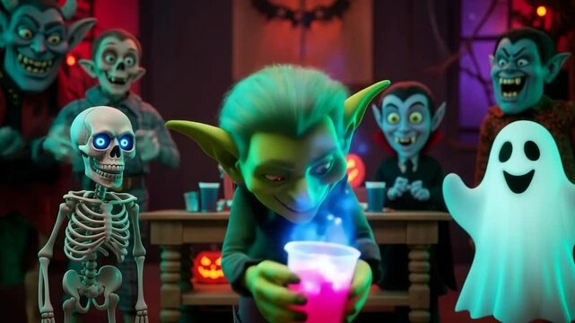 Green goblin monster celebrates Halloween with glowing drink, surrounded by spooky friends like skeleton, ghost, and vampires.