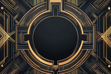 Art Deco Gold Circle Frame Background with Copy Space on Black