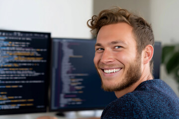 Male developer interacting with AI chatbot code on dual monitors, focus on facial expression and tech environment, clean professional workspace, 