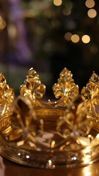 Ornate golden crown with fleur de lis designs on display in soft light, an abstract composition for royal concepts.