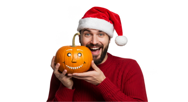 Isolated Portrait Man with Pumpkin Wearing Santa Hat for Christmas Festivities - Powered by Adobe